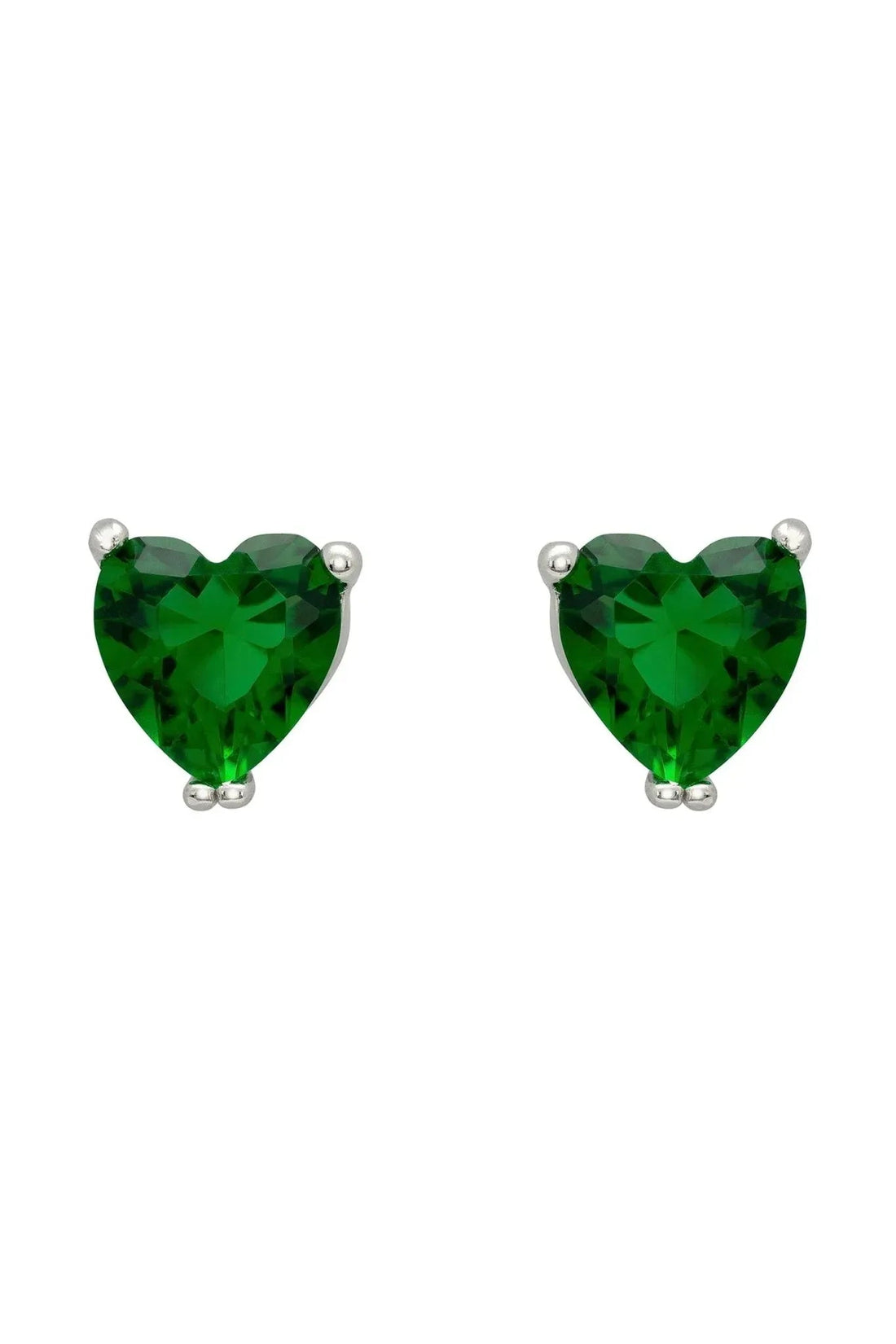 Silver heart stud earrings with emerald-green faceted gemstone setting