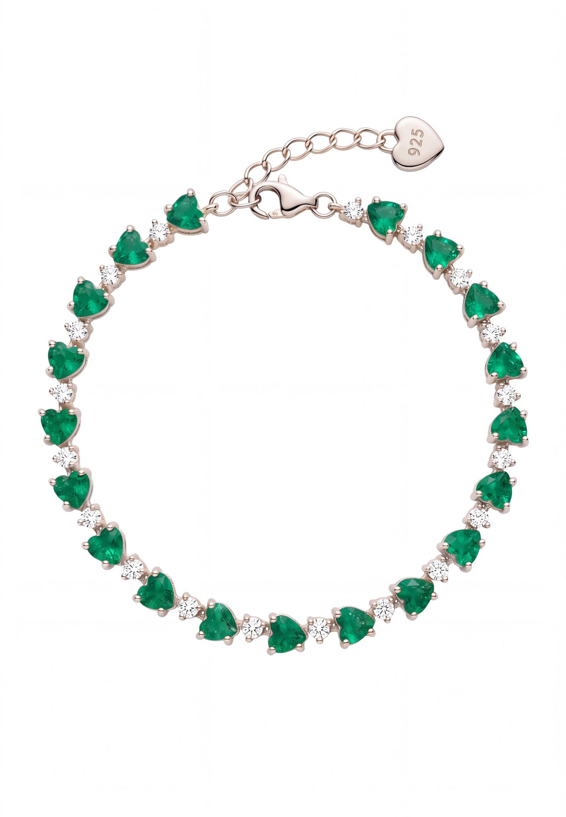 Silver heart tennis bracelet with green emerald-cut stones and secure clasp