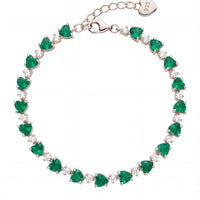 Silver heart tennis bracelet with green emerald-cut stones and secure clasp