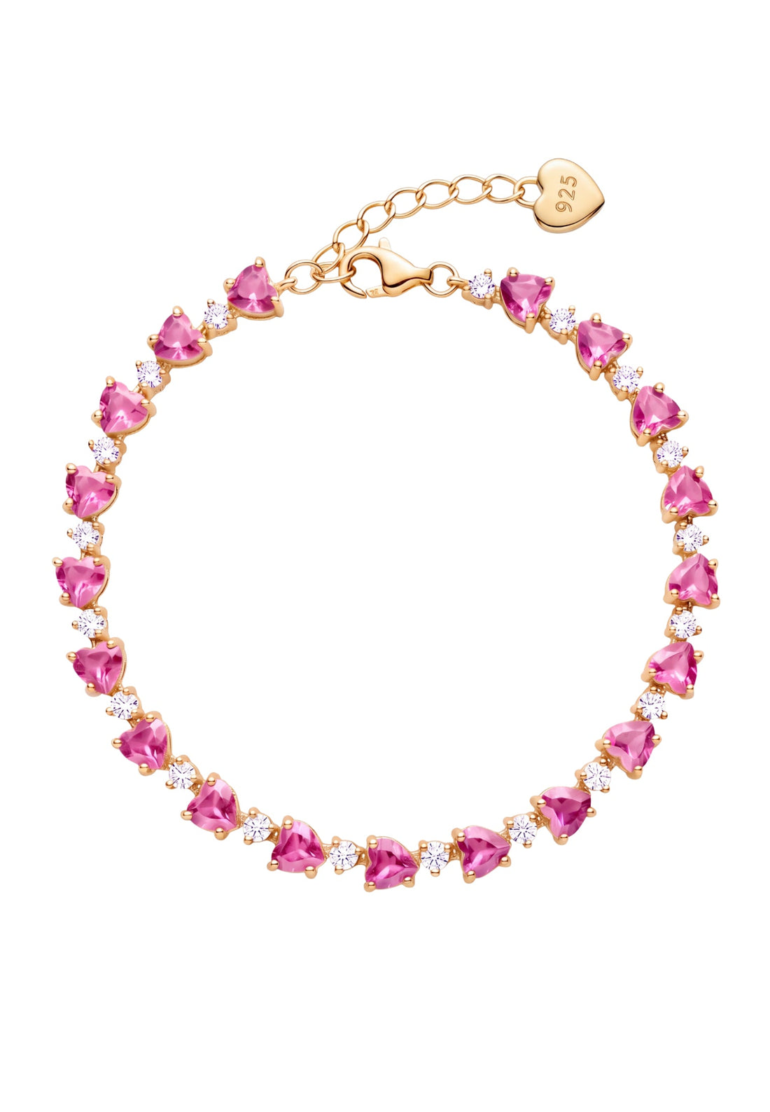 Gold-tone tennis bracelet with heart-shaped ruby-pink stones in a line