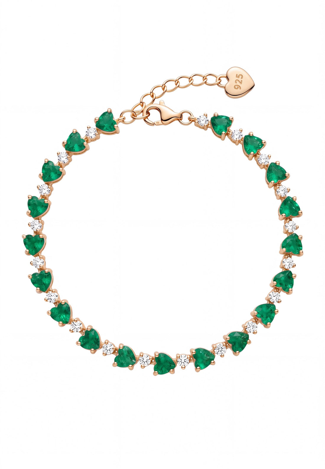 Rose gold tennis bracelet with green emerald-cut heart stones and sparkle links