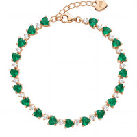 Rose gold tennis bracelet with green emerald-cut heart stones and sparkle links