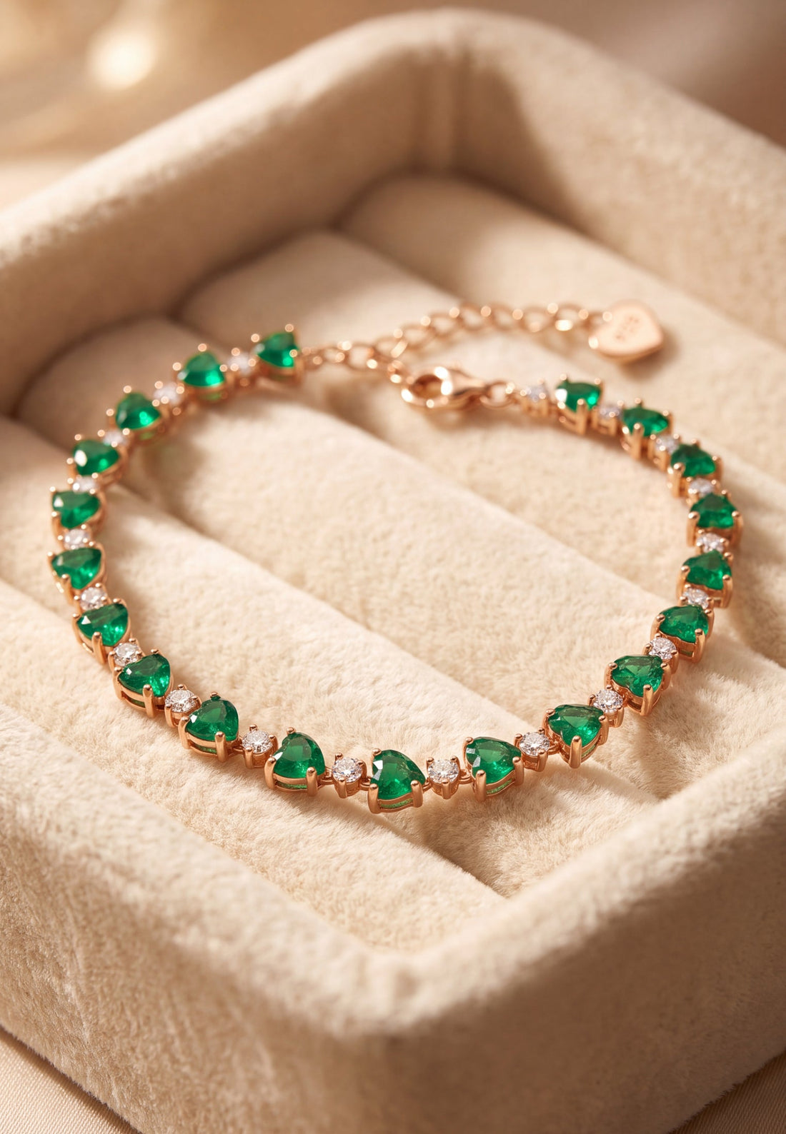Rose gold bracelet featuring green emerald-cut heart stones in a tennis row