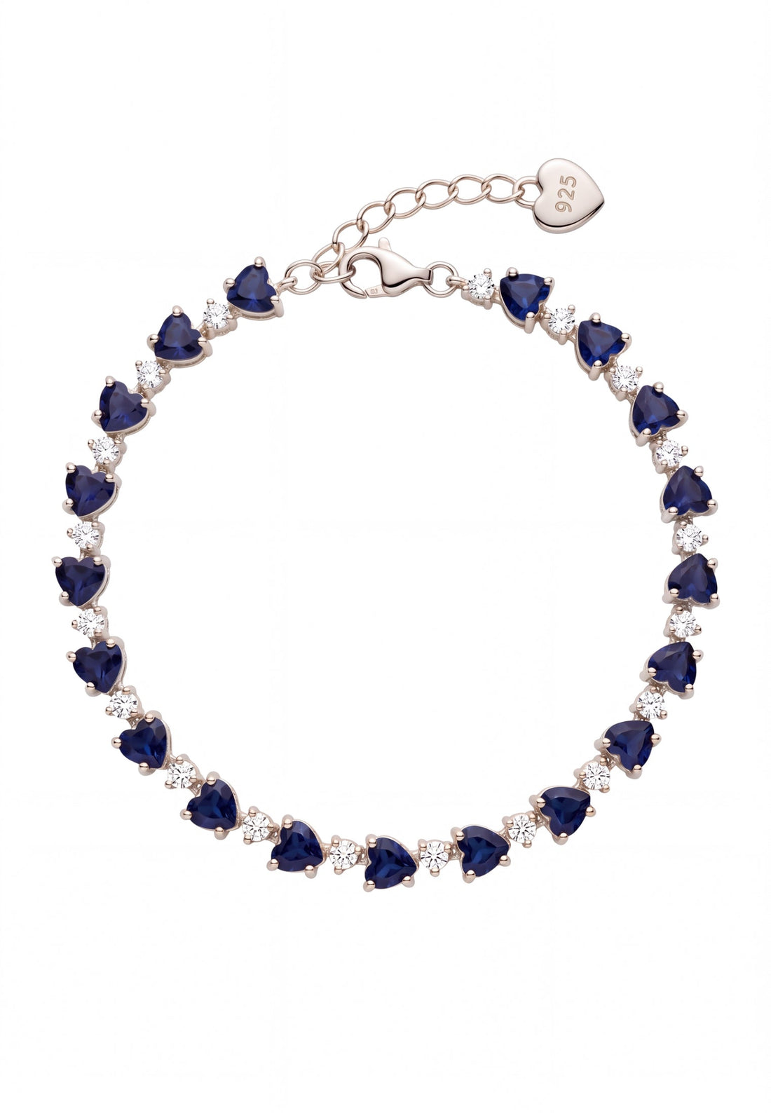 Silver tennis bracelet with navy blue heart-cut gemstones and connector clasp