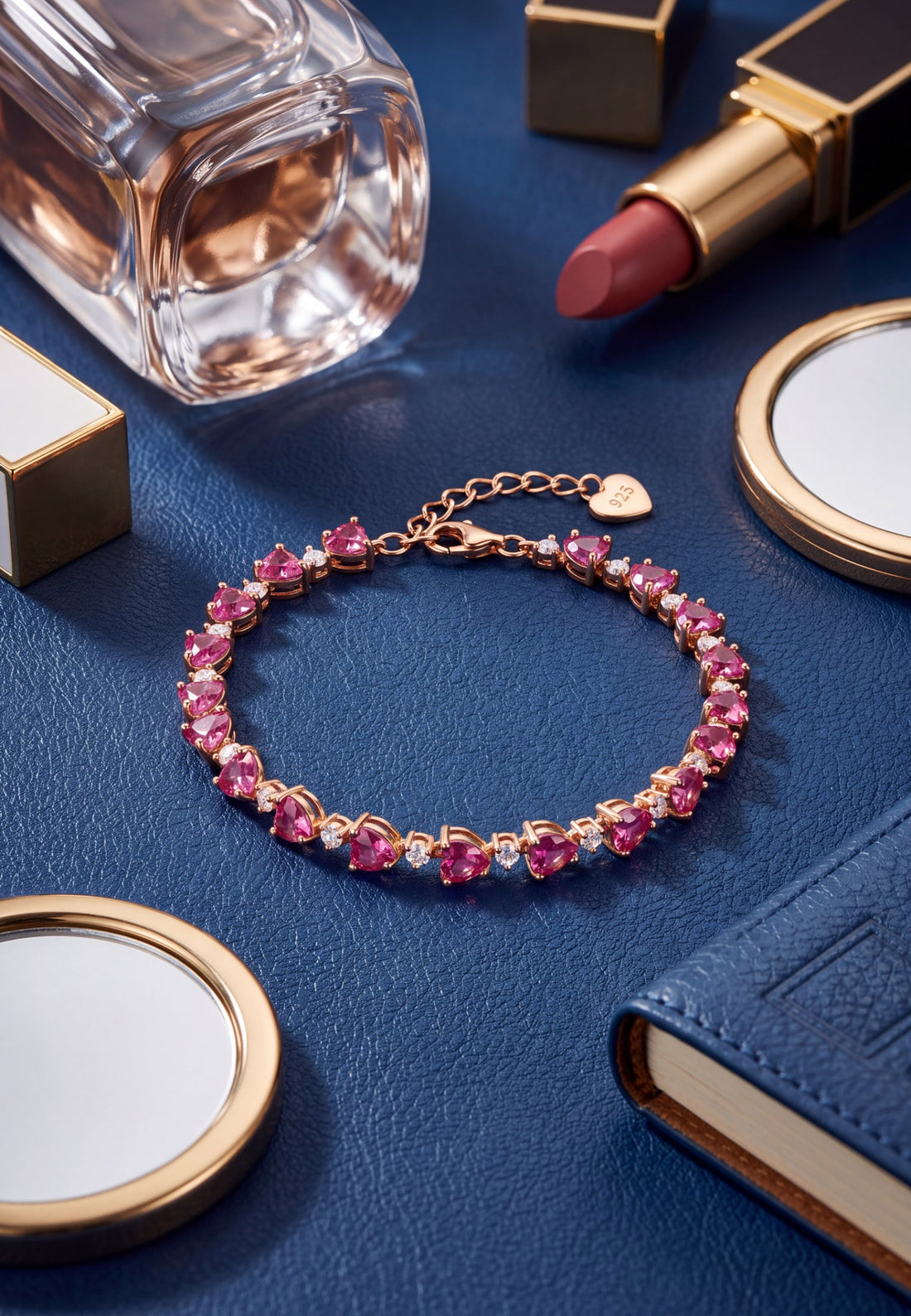 Gold-tone bracelet with heart-shaped pink stones and small round clasp tag