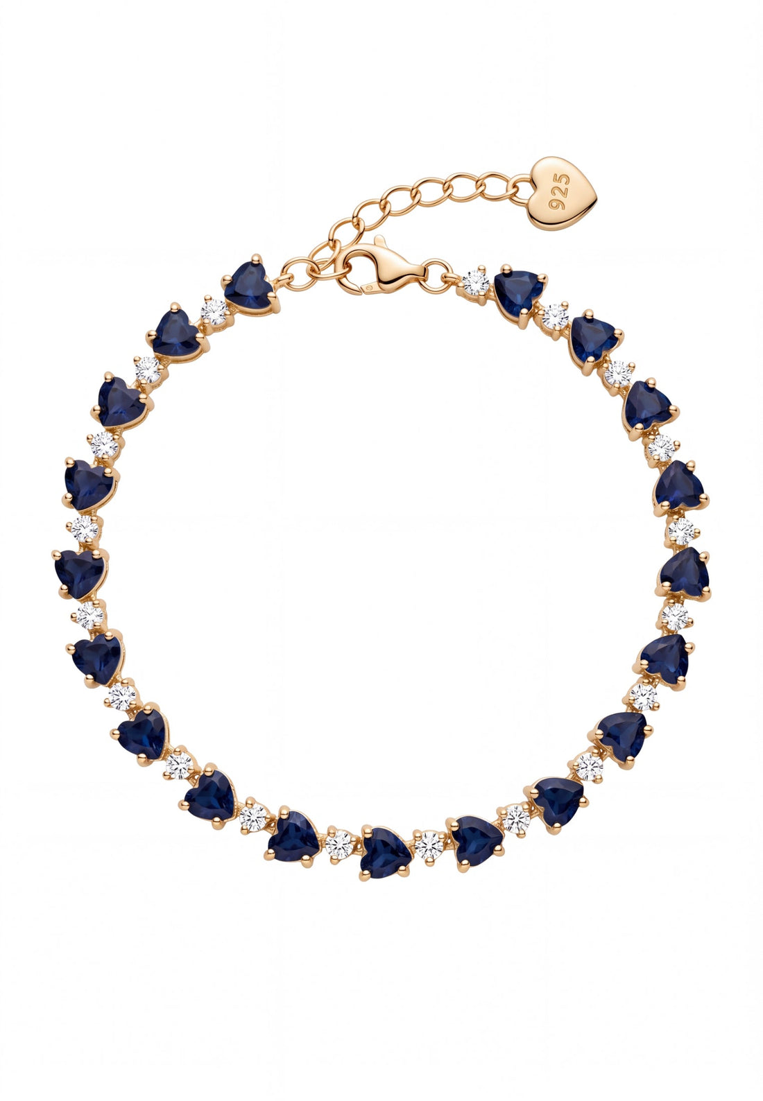 Gold-tone tennis bracelet with blue faceted stones and small heart charm tag