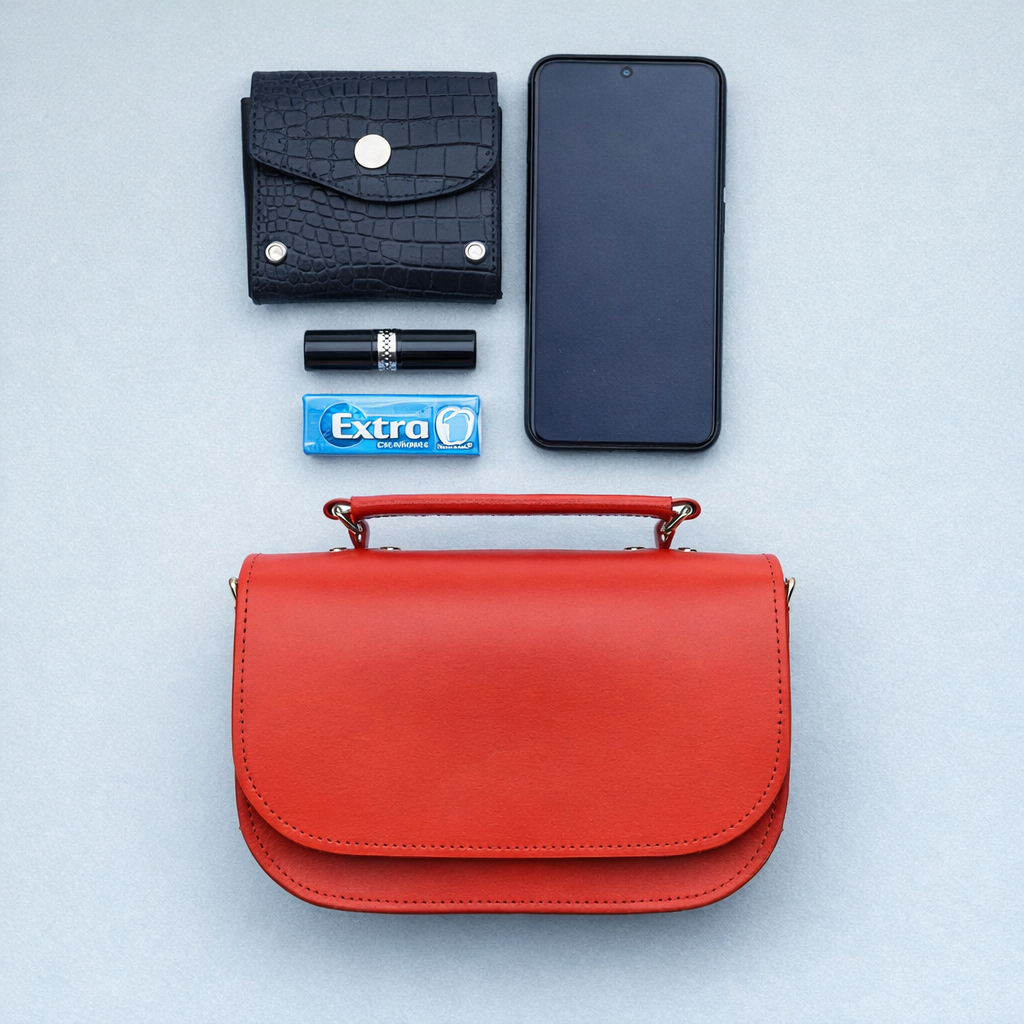 Red leather mini satchel bag with front flap and side strap loops