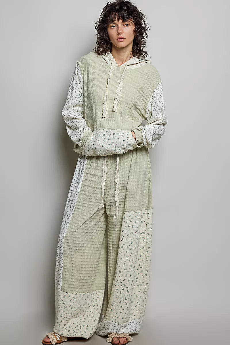Sage mixed-knit contrast print sleeve hoodie with hood drawstrings and kangaroo pocket, full view