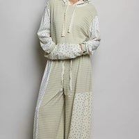 Sage mixed-knit contrast print sleeve hoodie with hood drawstrings and kangaroo pocket, full view
