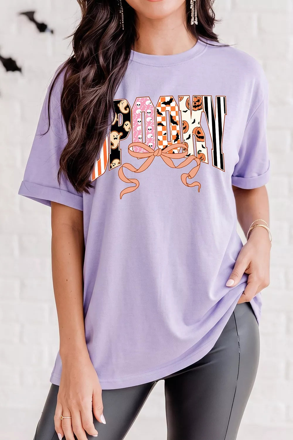 Lavender purple crew-neck T-shirt with Halloween letter graphic, relaxed fit