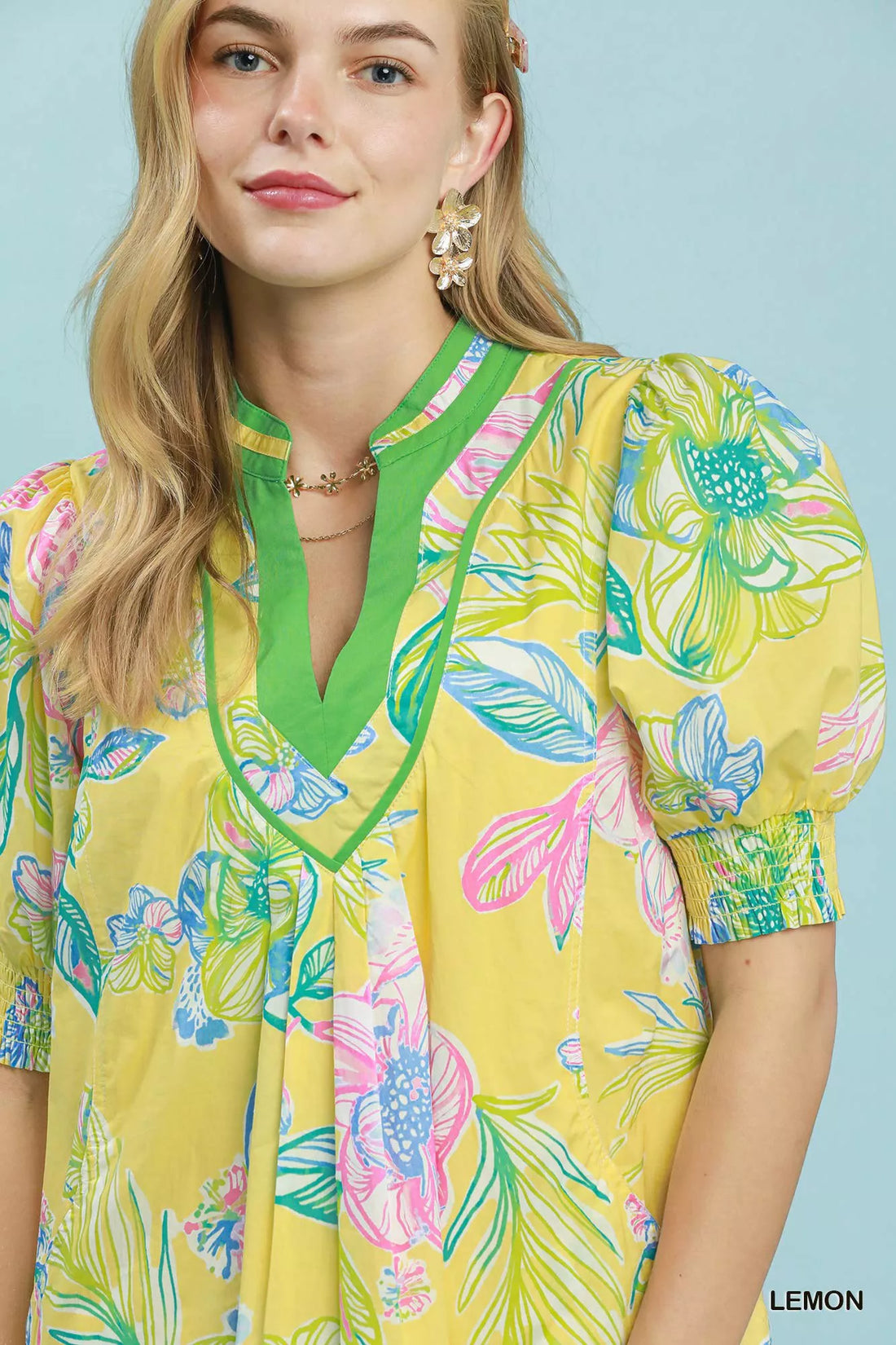 Lemon floral botanical print dress with V-neck, puff sleeves, smocked cuffs