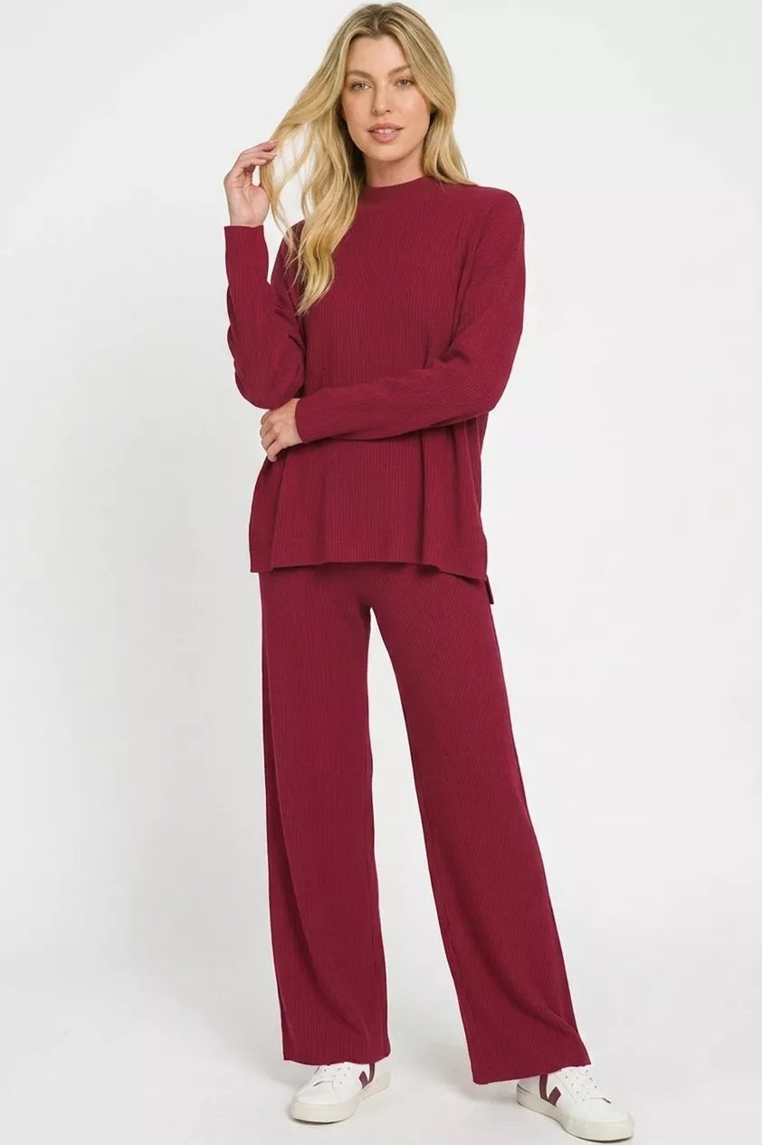 Cabernet viscose sweater top and wide-leg pants set with ribbed cuffs