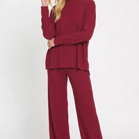 Cabernet viscose sweater top and wide-leg pants set with ribbed cuffs