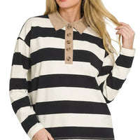 Striped long-sleeve polo tee with tan contrast collar, black-and-white stripes, buttons