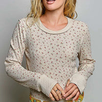Ribbed crew neck long-sleeve knit top with scattered mini floral print
