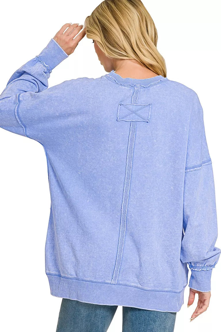 Women’s acid-wash French terry sweatshirt back in cornflower blue, raw-edge hem and seam details