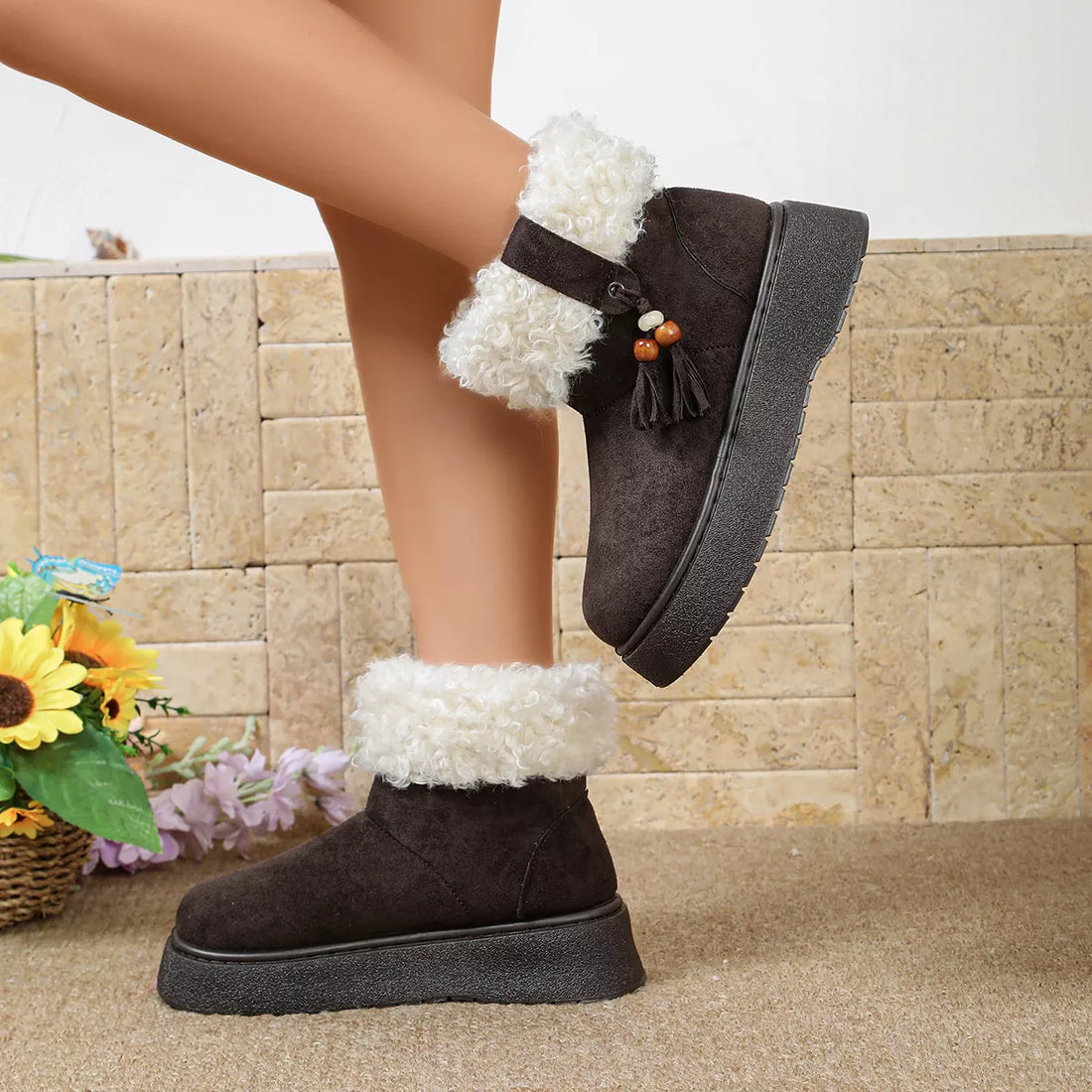 Faux fur lined ankle boots, round toe, dark brown suede with white fuzzy cuff and tassel charm