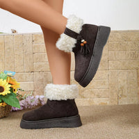 Faux fur lined ankle boots, round toe, dark brown suede with white fuzzy cuff and tassel charm