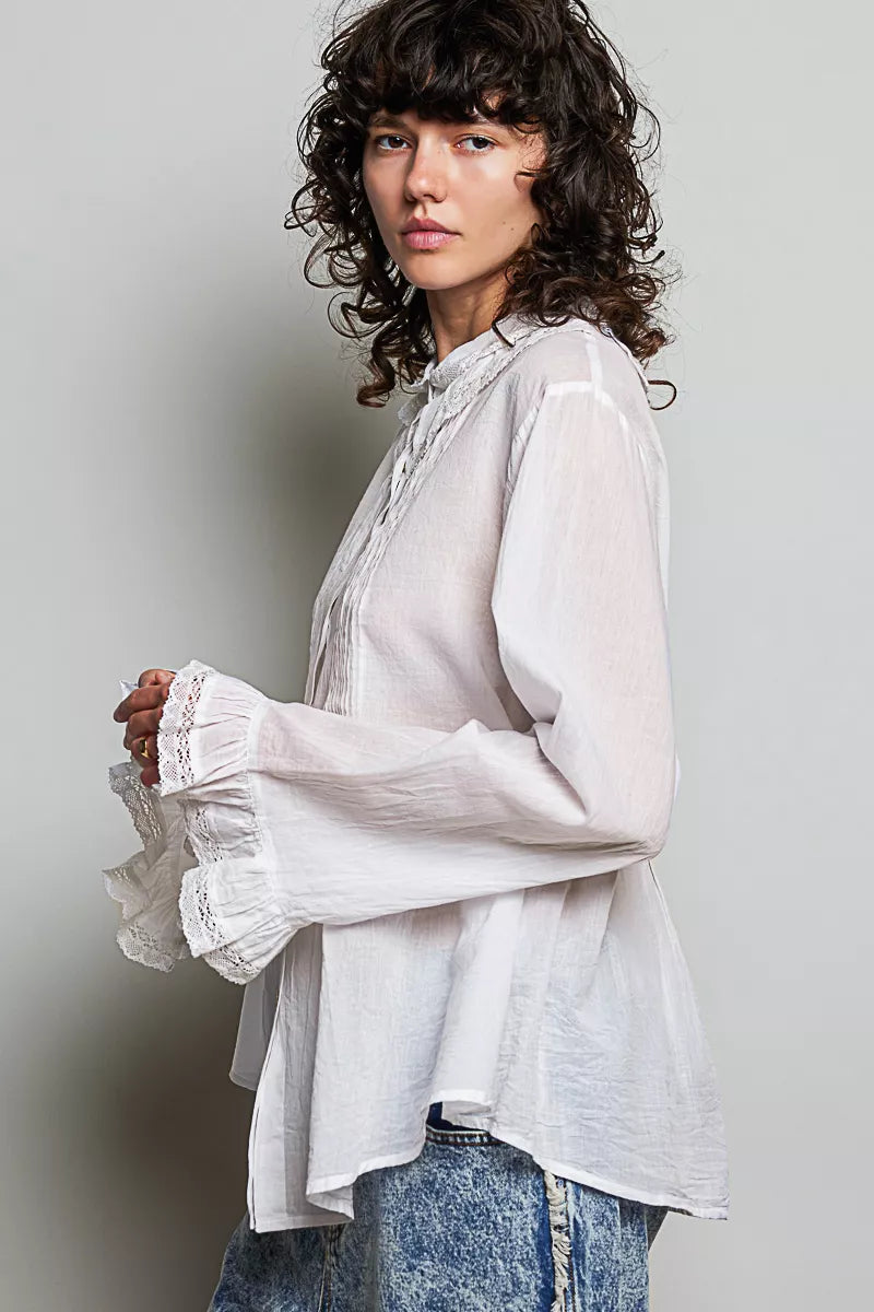 Ivory woven button-down shirt with lace-trim cuffs and pintuck shoulder detail
