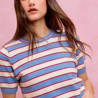 Close-up of striped knit crew neck short-sleeve sweater top; blue collar ribbing and stripes