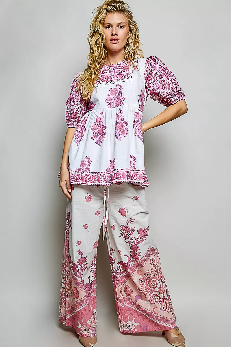 Ivory and pink floral hand-block print blouse with puff sleeves and tassel trim