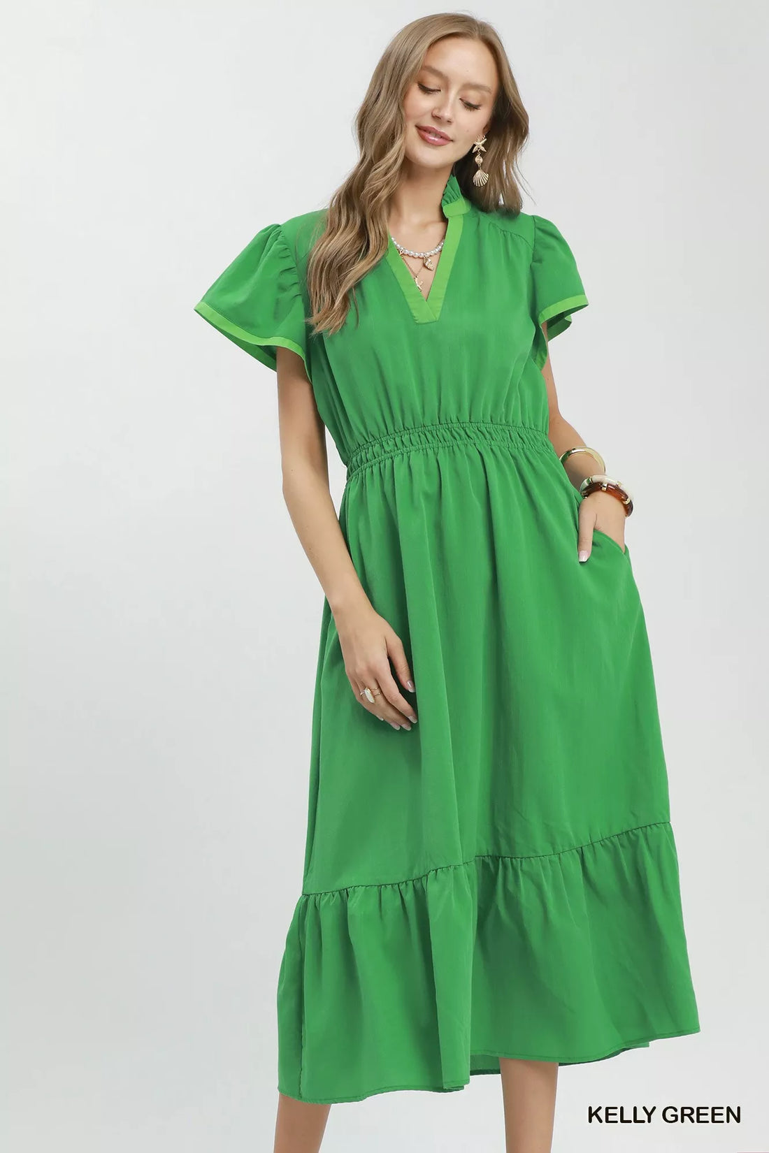 Kelly green midi dress with V-neck, flutter sleeves, smocked waist, tiered ruffle hem