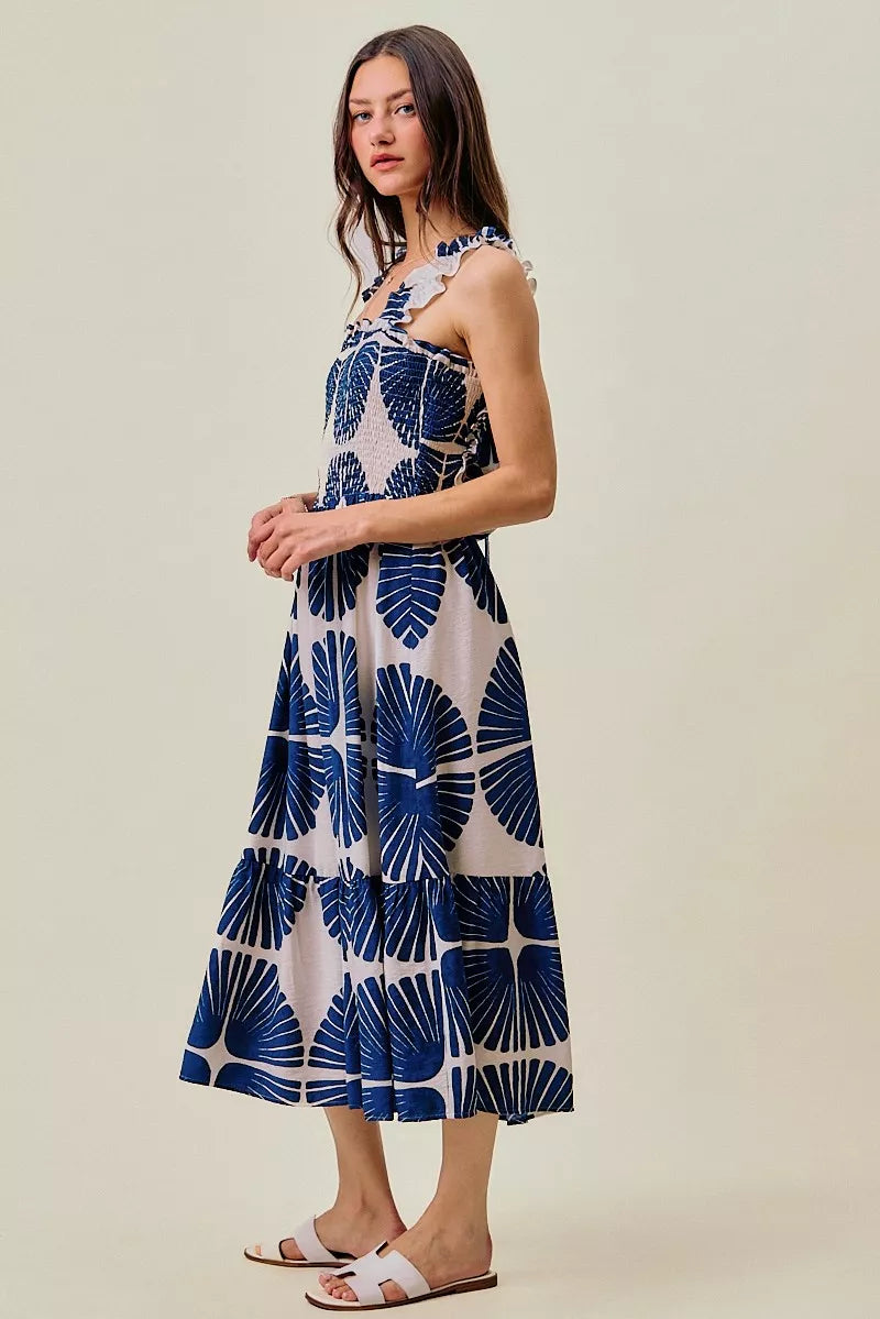 Navy abstract print tiered midi dress, smocked bodice, sleeveless with ruffle shoulders