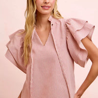 Women's red-and-white vertical striped ruffle-sleeve blouse, tie V-neck