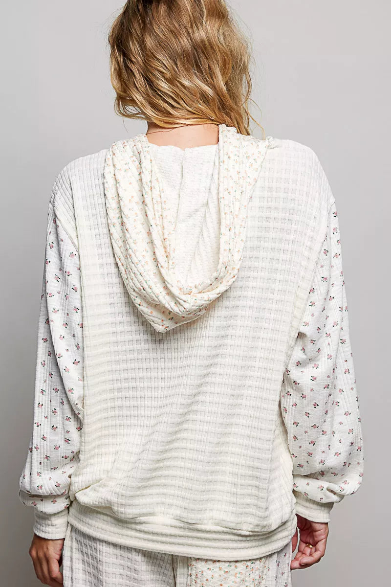Back view cream knit hoodie with hood and drawstring, long sleeves