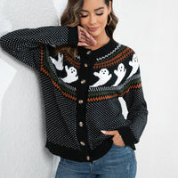 Black ghost-pattern button-up cardigan sweater with ribbed cuffs and front pockets