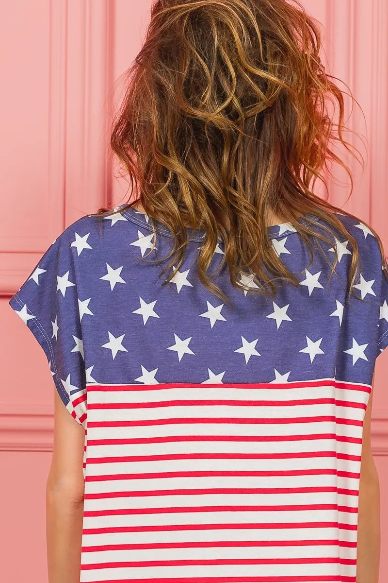 Back view of star print and red-and-white striped short-sleeve top in navy