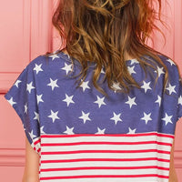 Back view of star print and red-and-white striped short-sleeve top in navy