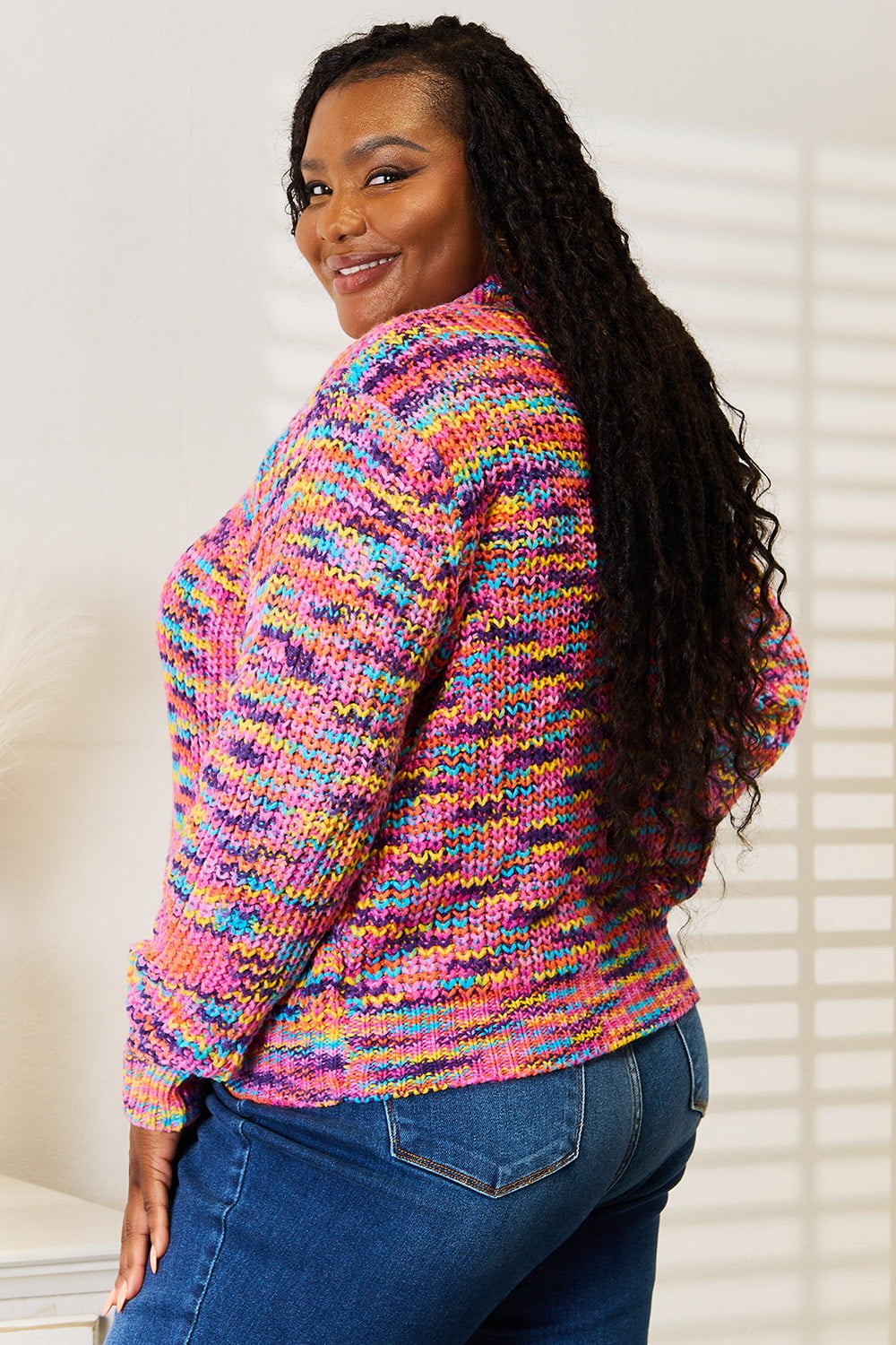 Multicolor v-neck long-sleeve button-front cardigan from the side, textured knit