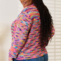 Multicolor v-neck long-sleeve button-front cardigan from the side, textured knit