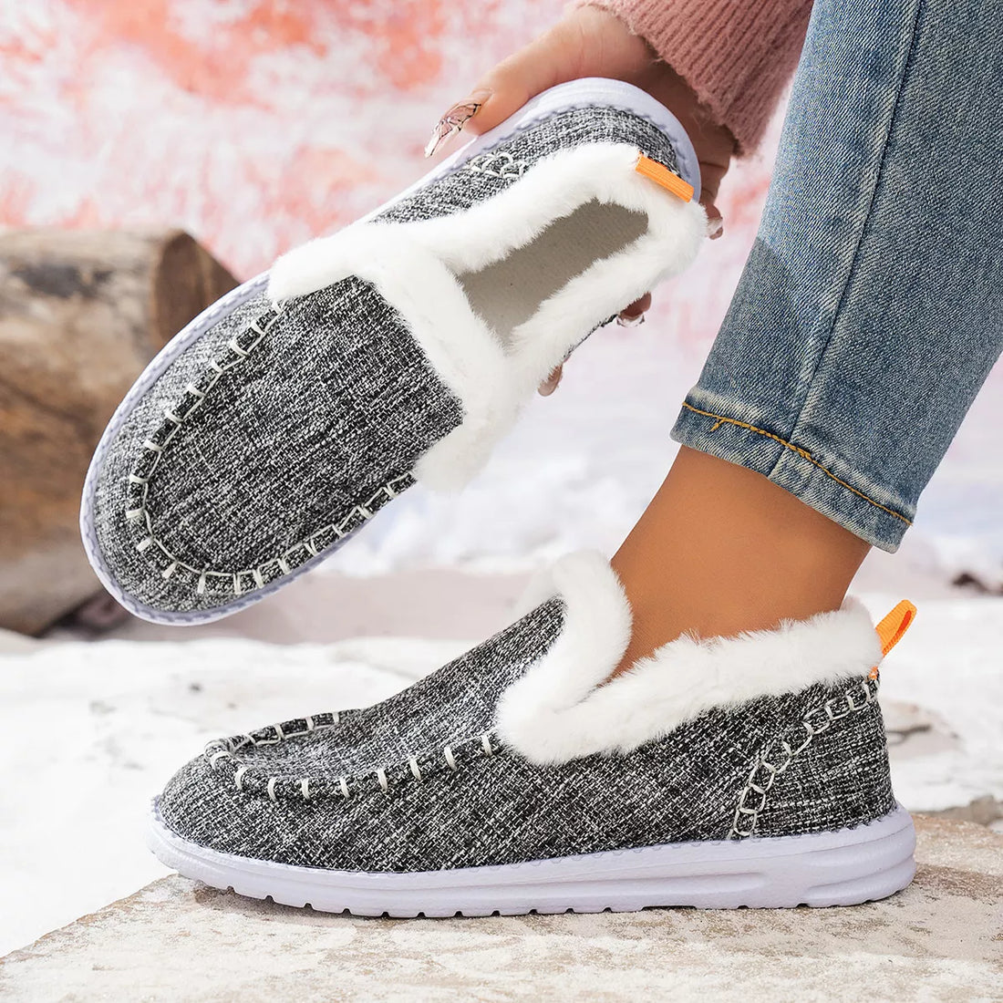 Grey faux fur lined round toe slip-on shoes with white fur collar and stitched edge
