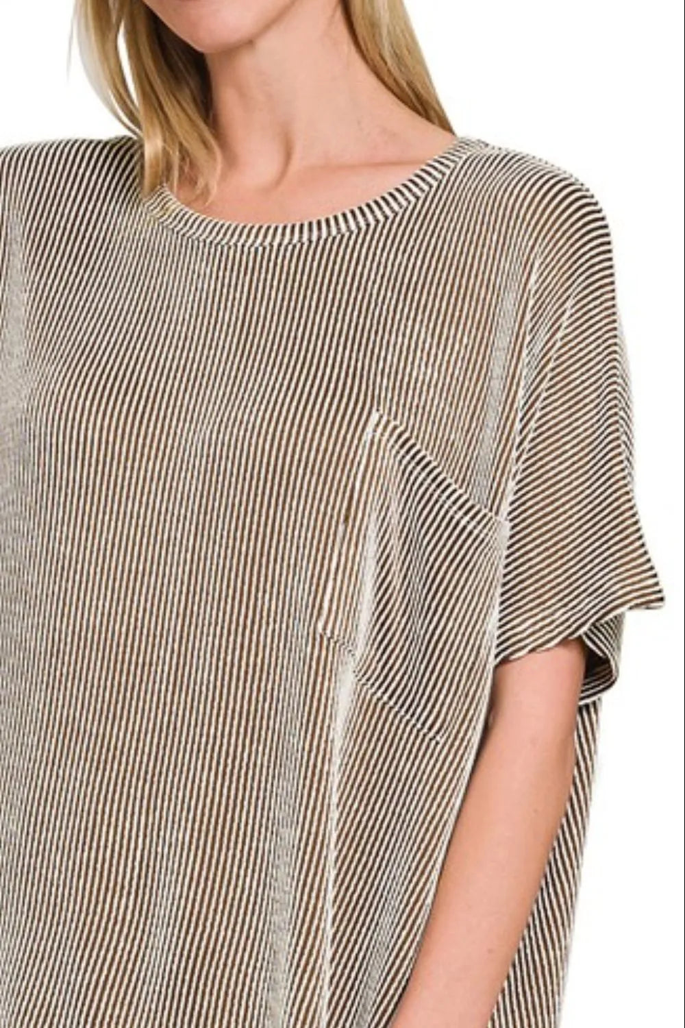 Striped oversized short-sleeve top with crew neck and draped fit, brown-and-cream