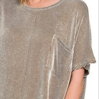 Striped oversized short-sleeve top with crew neck and draped fit, brown-and-cream