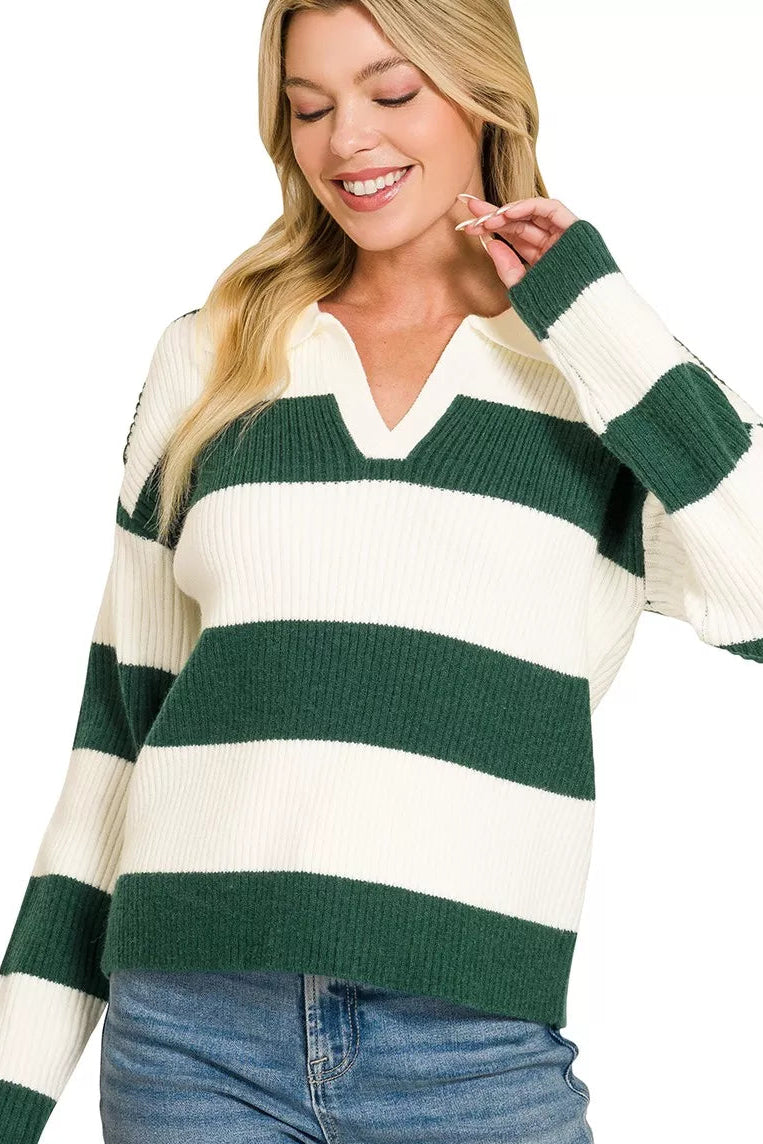 Striped collared sweater, hunter green and ivory, V-neck ribbed cuffs