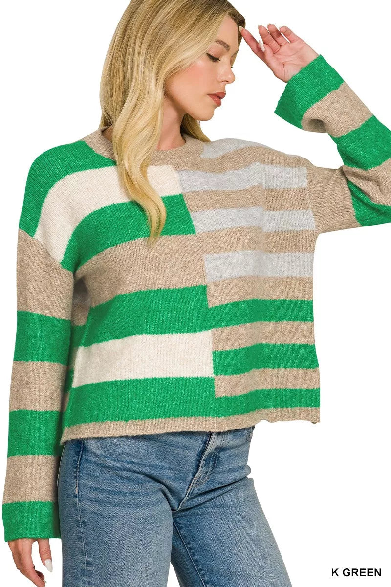 Wool blend color block sweater, green and tan striped blocks, crew neckline