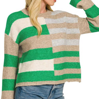 Wool blend color block sweater, green and tan striped blocks, crew neckline