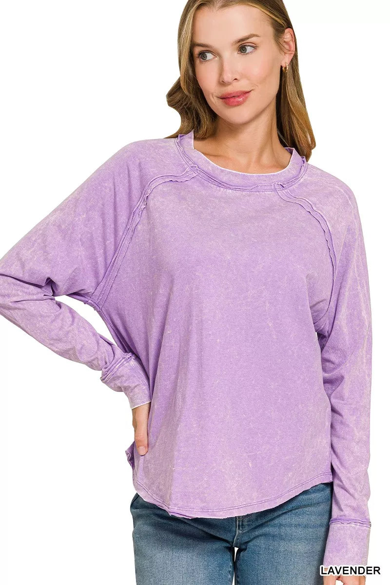 Lavender washed round-neck long-sleeve top with relaxed fit