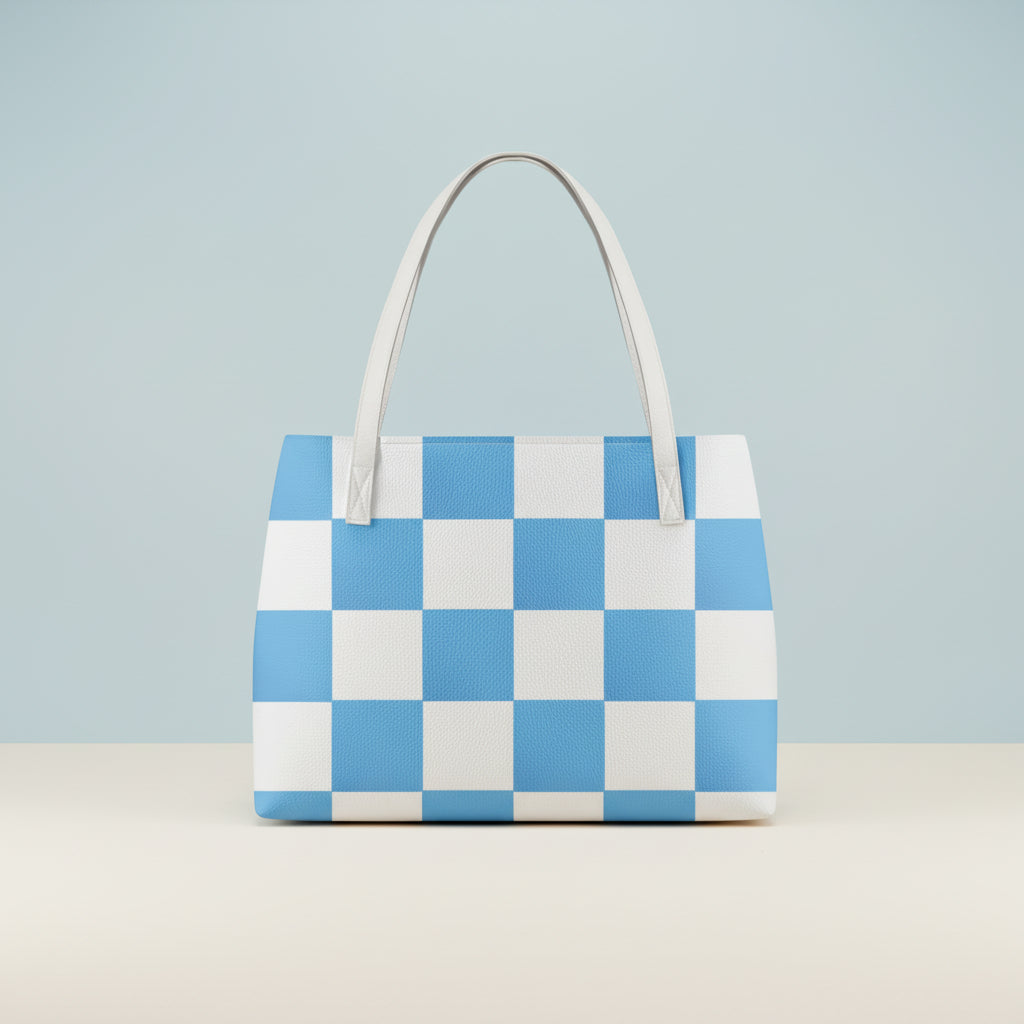 Checkered Tote Bag | Blue and White Waterproof PU Leather Shoulder Bag