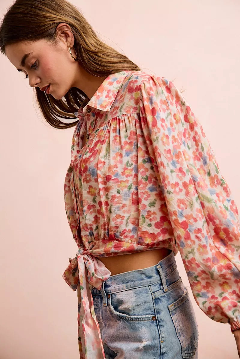 Floral print crop shirt with puff sleeves, gathered yoke, and tied hem