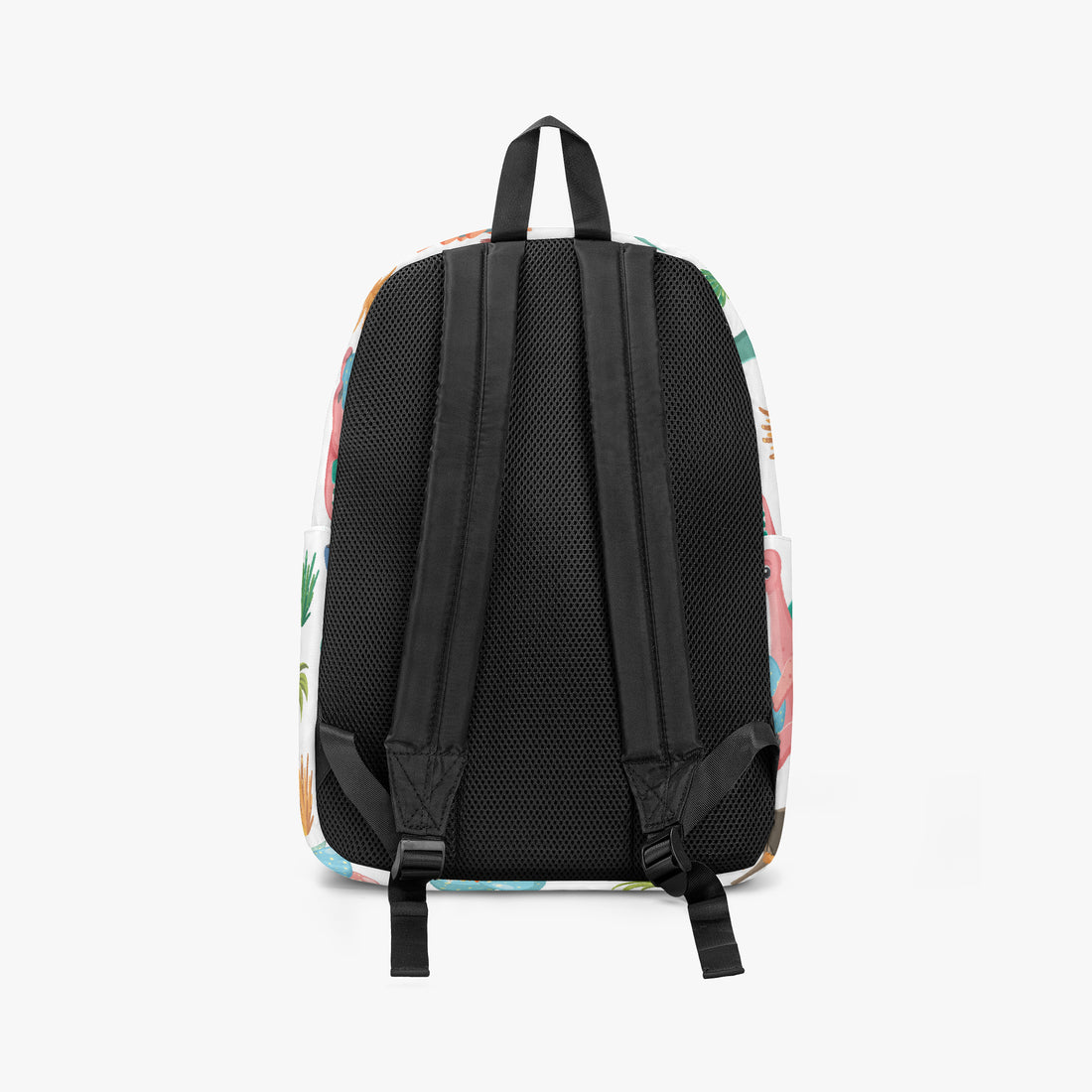 Kids dinosaur backpack back view, black padded mesh panel with multicolor dinosaur print