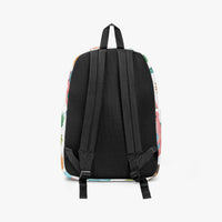 Kids dinosaur backpack back view, black padded mesh panel with multicolor dinosaur print