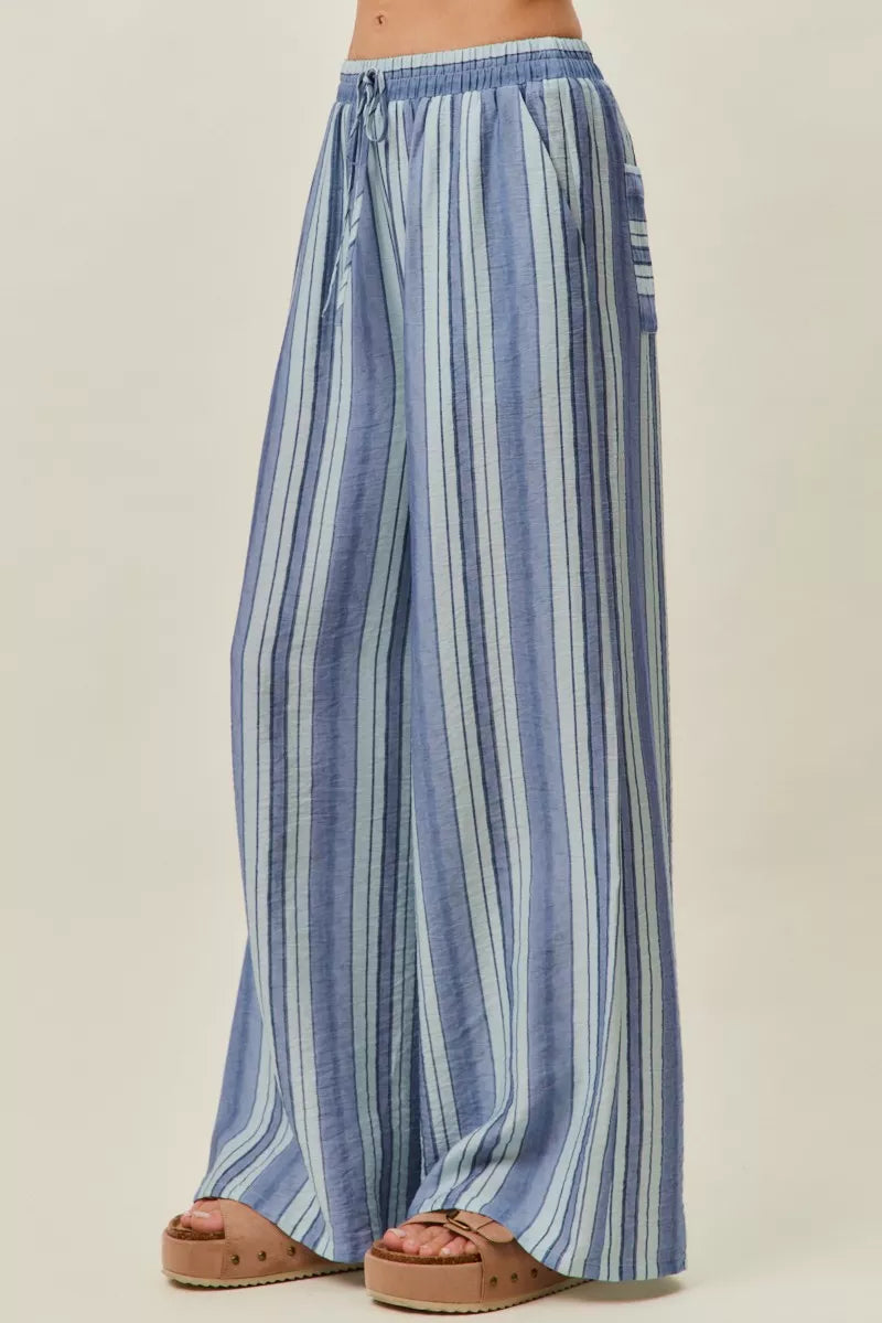 Blue vertical stripe wide-leg pull-on pants with elastic waistband