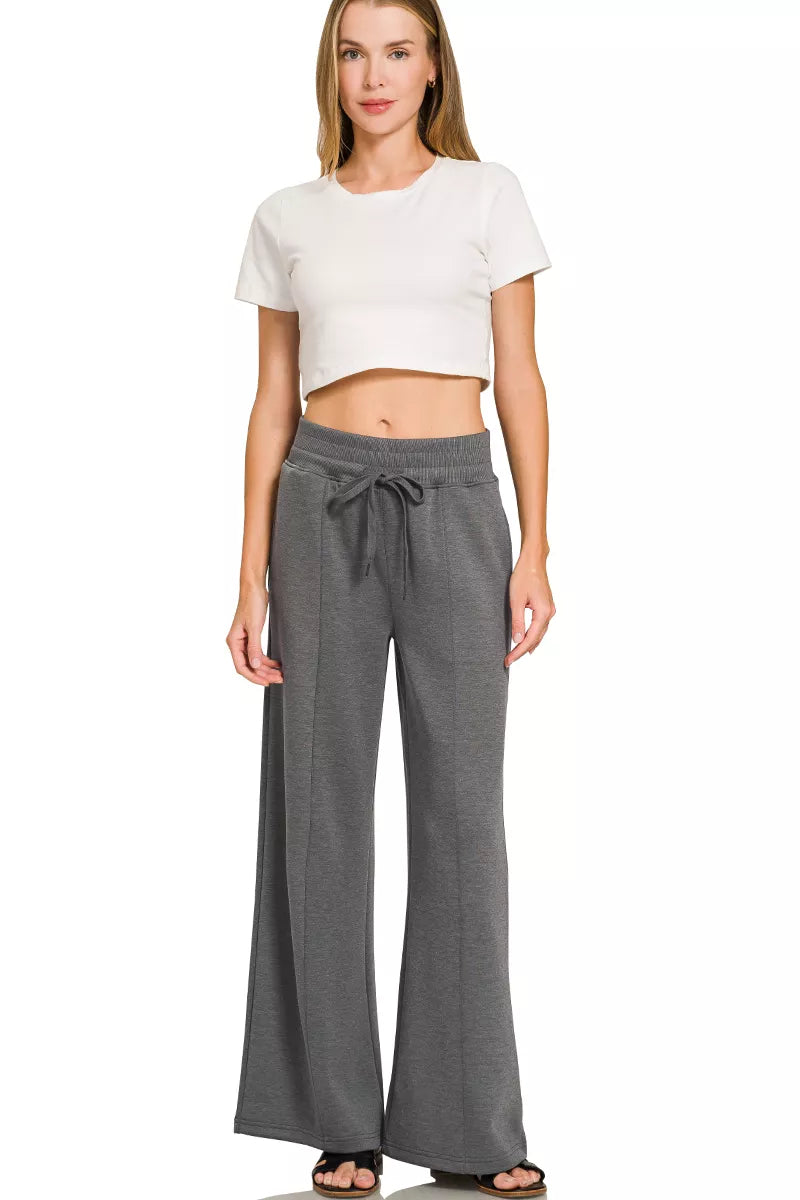 Charcoal wide-leg pants with drawstring waist and elastic waistband