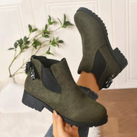 Army green suede ankle boots with round toe, block heel, and jeweled bow collar