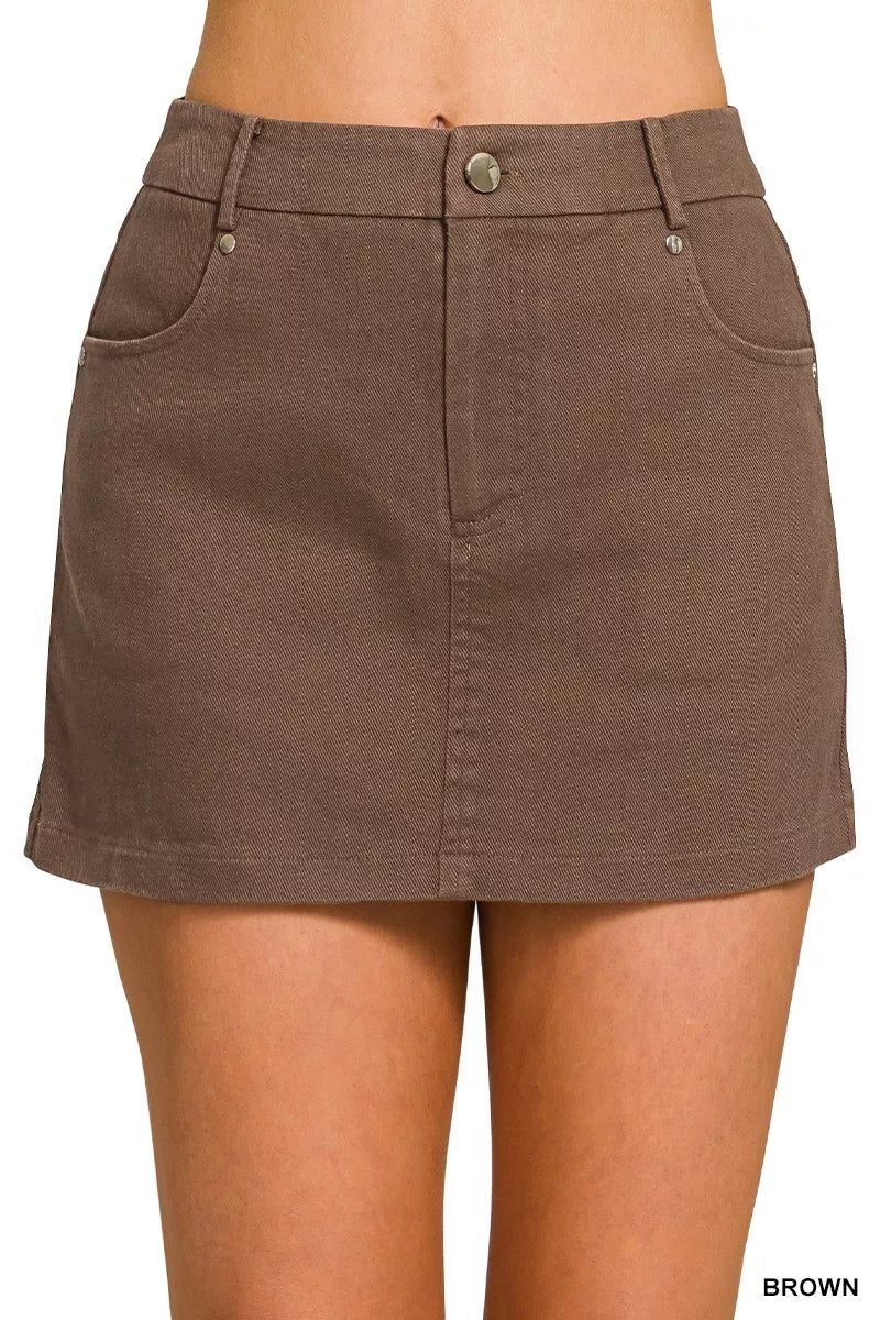 Brown cotton twill mini skirt with lined interior, button front, side pockets