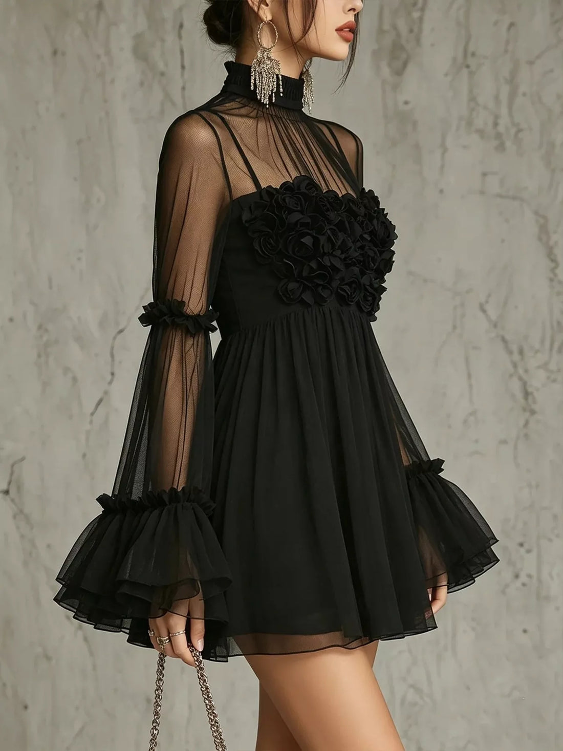 Black sheer mesh mini dress with rosette strapless bodice and layered tulle sleeves